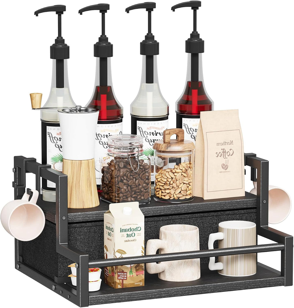 Homeiju Coffee Syrup Organizer Rack, 2-Tier Bottle Coffee Bar Accessories, Holder Stand with K Cup Storage Drawer for Coffee bar, Wine Rack, Storage Shelves for Syrup. (Black)