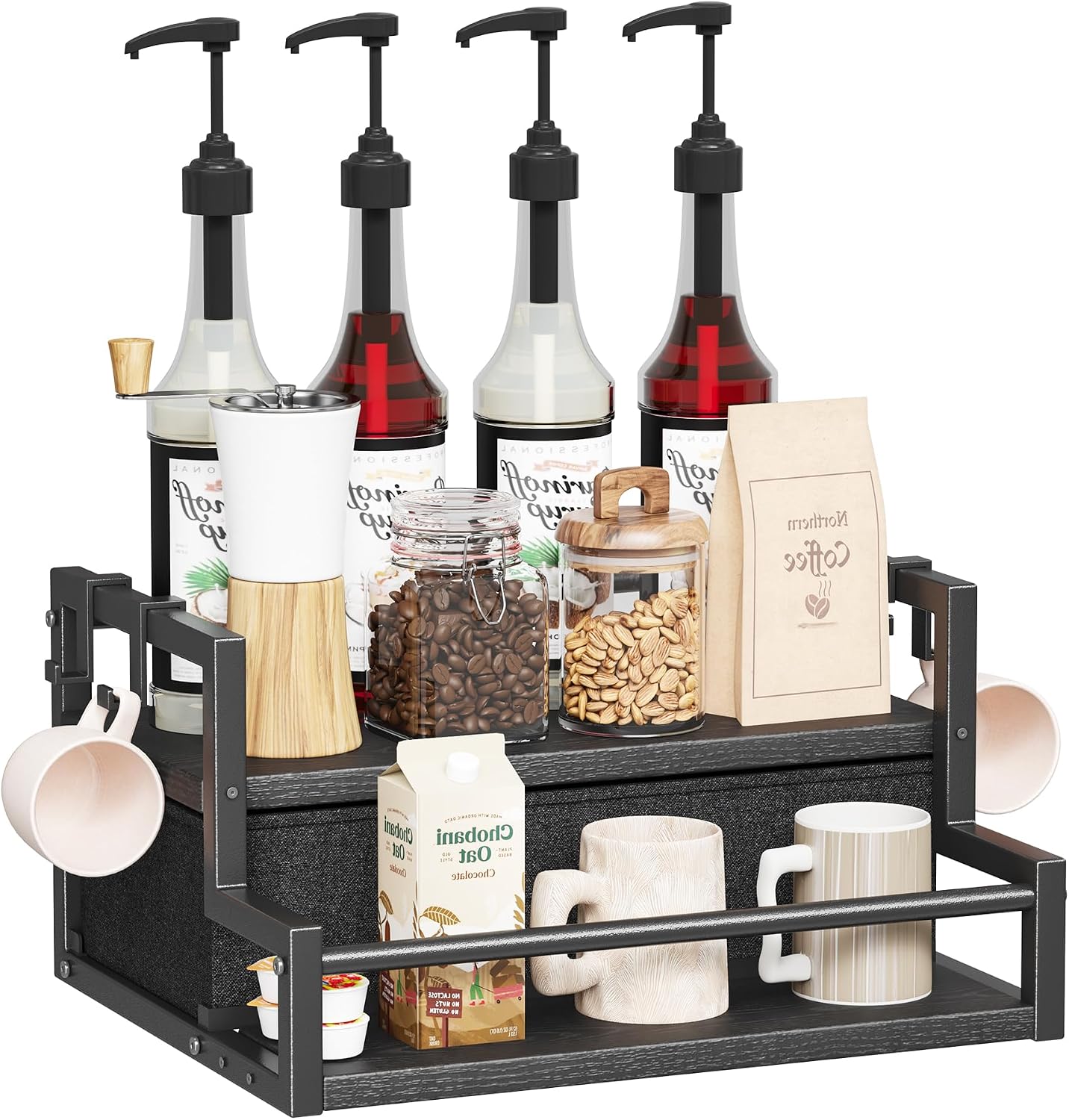 Homeiju Coffee Syrup Organizer Rack, 2-Tier Bottle Coffee Bar Accessories, Holder Stand with K Cup Storage Drawer for Coffee bar, Wine Rack, Storage Shelves for Syrup. (Black)