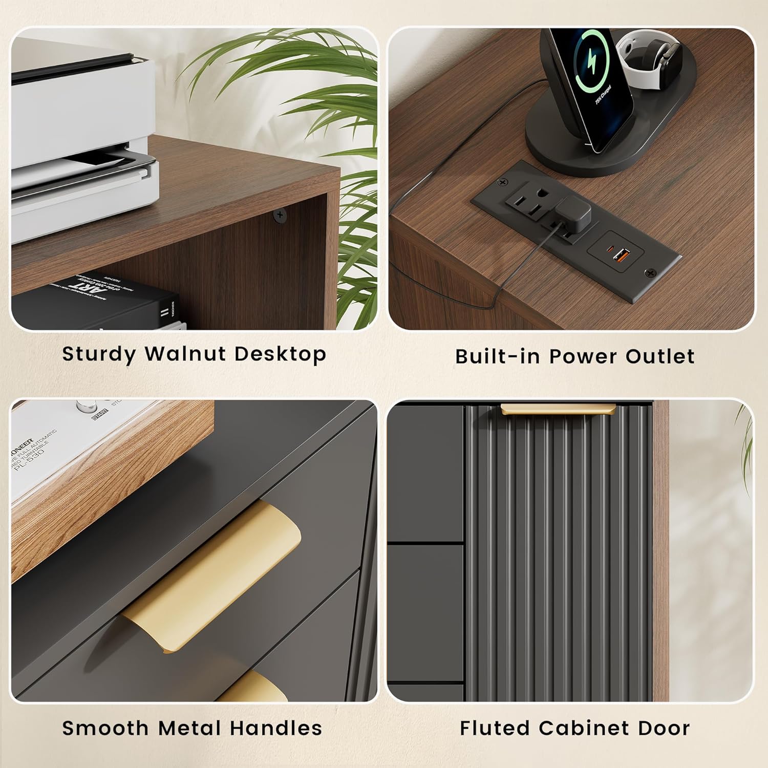 ModernMate Fluted Mobile Office File Cabinet with 3 Drawers, 37" Rolling Storage Cabinet with Charging Station, Small Printer Stand for Home Office, Black Walnut