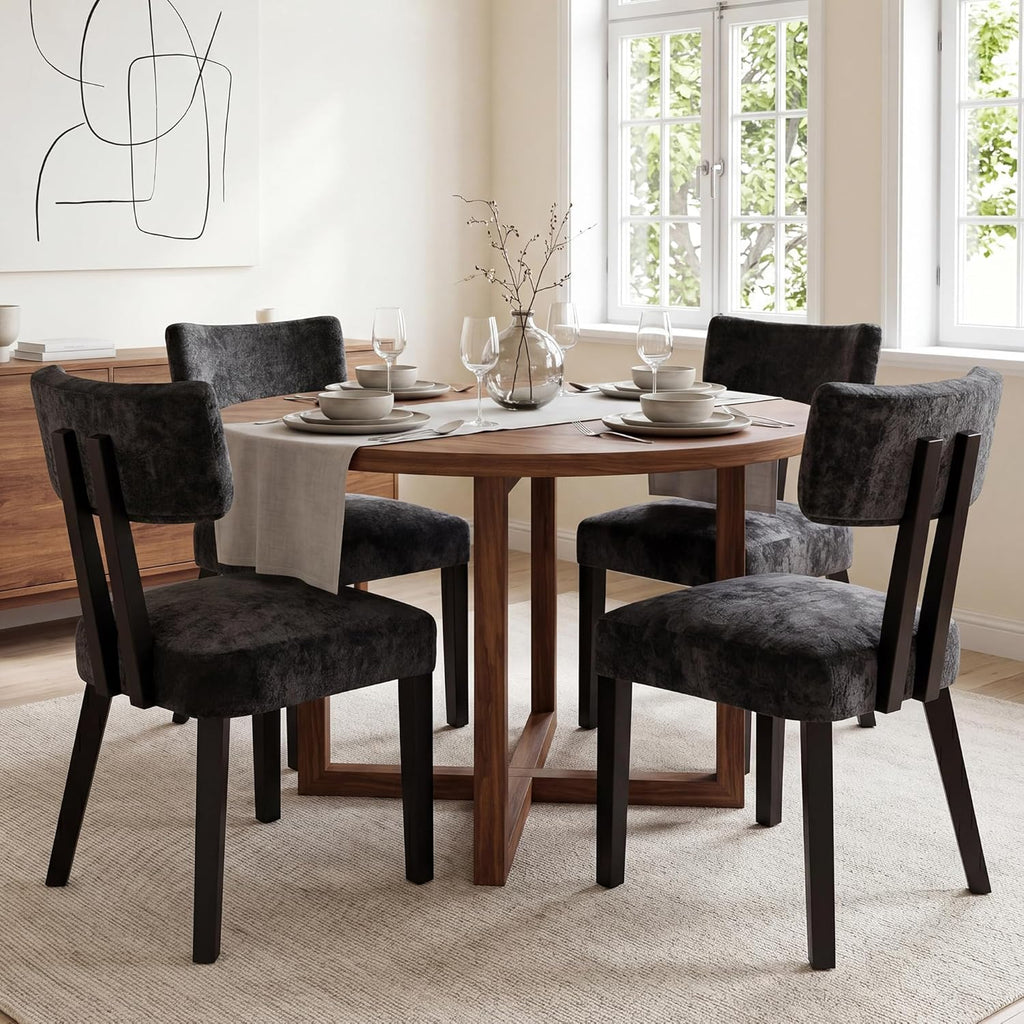 GOTMINSI Mid Century Modern Dining Chairs,Velvet Farmhouse Upholstered Kitchen Chairs, Accent Curved Backrest Dining Room Chairs with Hardwood Legs (Black, 4PCS)