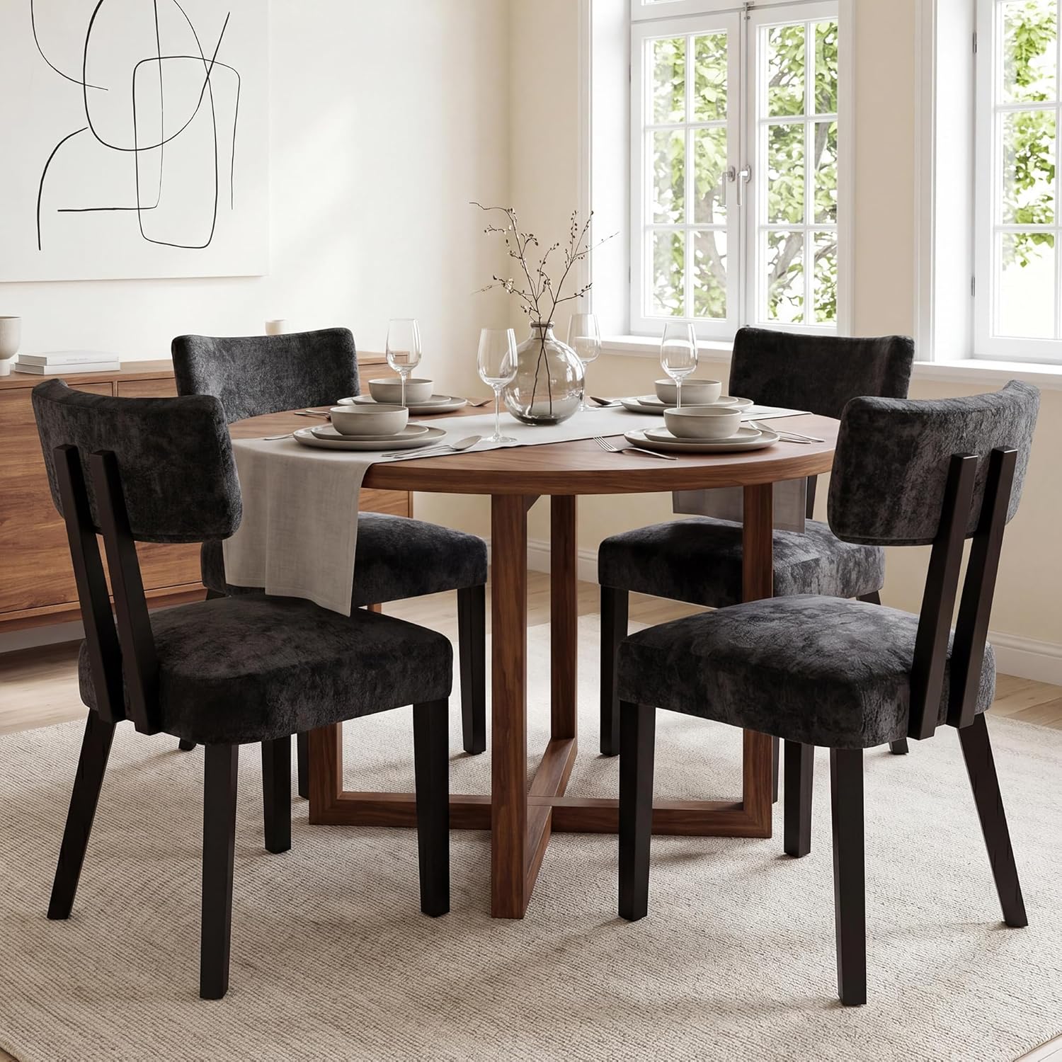 GOTMINSI Mid Century Modern Dining Chairs,Velvet Farmhouse Upholstered Kitchen Chairs, Accent Curved Backrest Dining Room Chairs with Hardwood Legs (Black, 4PCS)