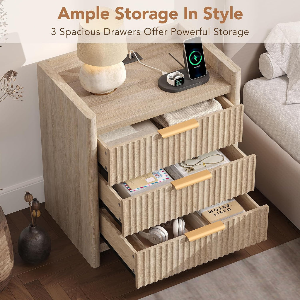 25.9" Fluted Nightstand with Charging Station, Large Bedside Table with 3 Storage Drawers and Metal Handle, Modern End Table for Bedroom, Home Office(Natural Oak)
