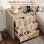 25.9" Fluted Nightstand with Charging Station, Large Bedside Table with 3 Storage Drawers and Metal Handle, Modern End Table for Bedroom, Home Office(Natural Oak)