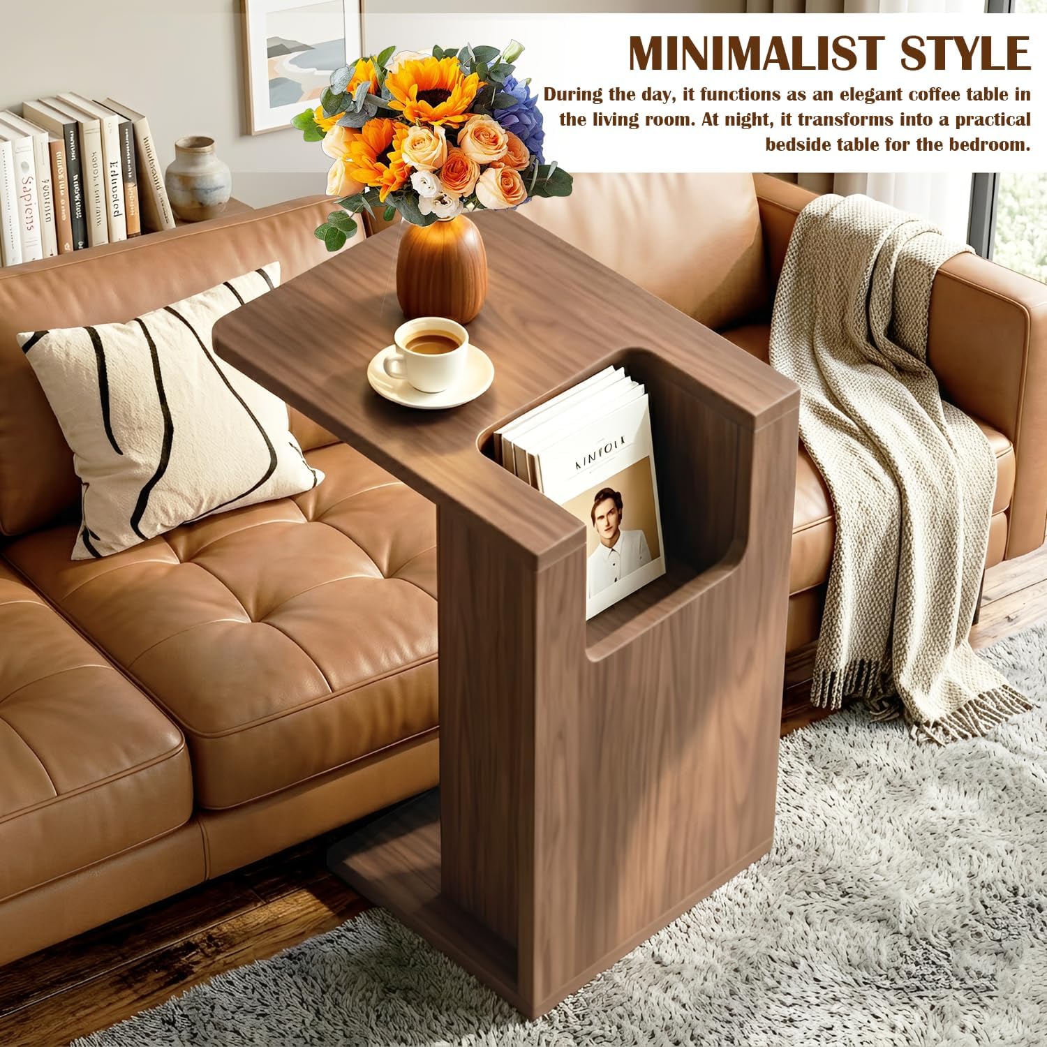 Modern C Shaped End Table for Couch,Walnut Solid Wood Nightstand,Slide Under Couch Tables,23.62 Inches Tall Sofa Table with Storage for Living Room,Bedroom,and Office.