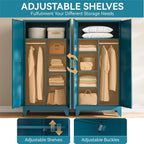 Metal Armoire Wardrobe Closet, Blue Farmhouse Storage Cabinet with Adjustable Shelves and Hanging Rod, 2 Doors Steel Wardrobe Cabinet Storage Clothes Closet foe Bedroom office School Dormitorio Gym