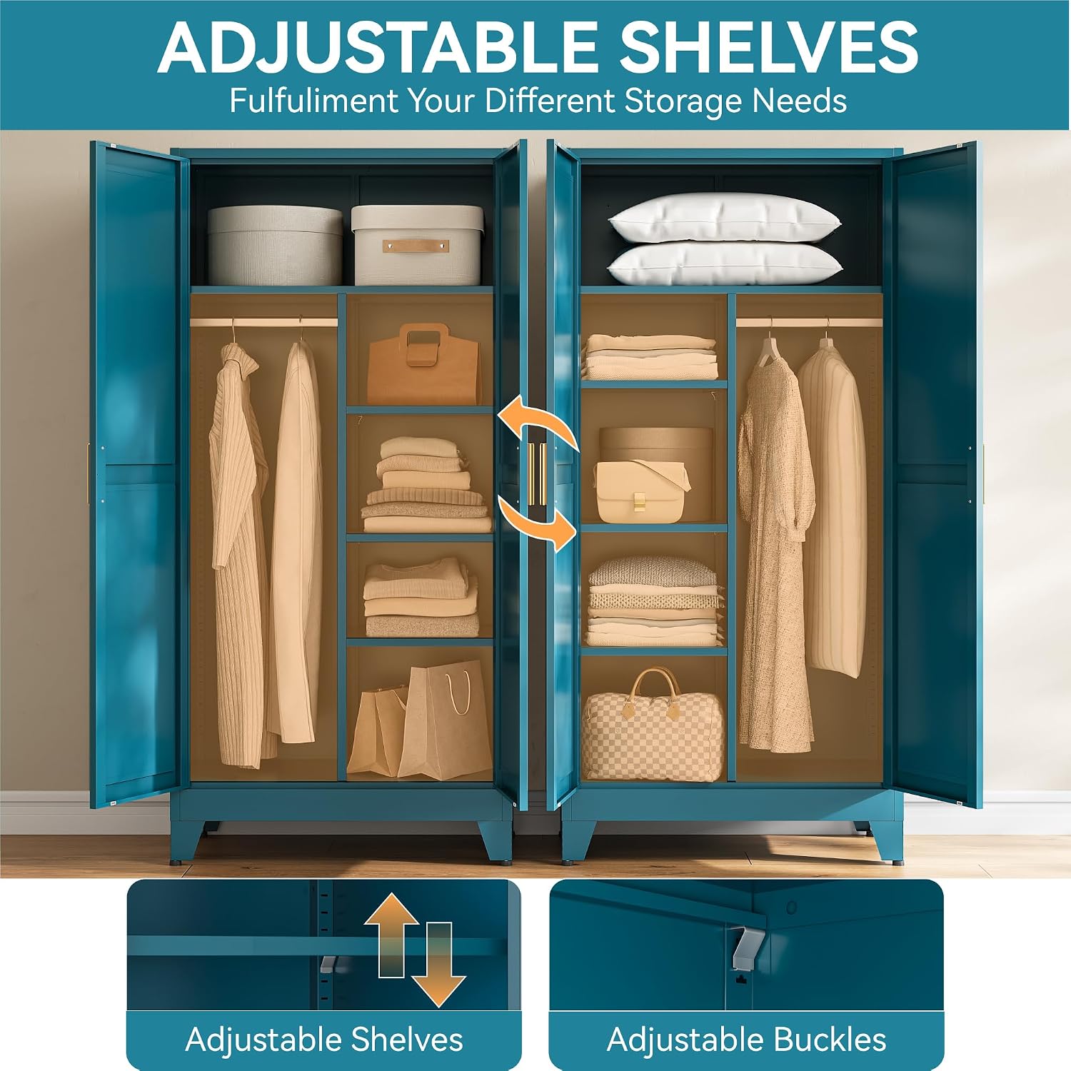Metal Armoire Wardrobe Closet, Blue Farmhouse Storage Cabinet with Adjustable Shelves and Hanging Rod, 2 Doors Steel Wardrobe Cabinet Storage Clothes Closet foe Bedroom office School Dormitorio Gym