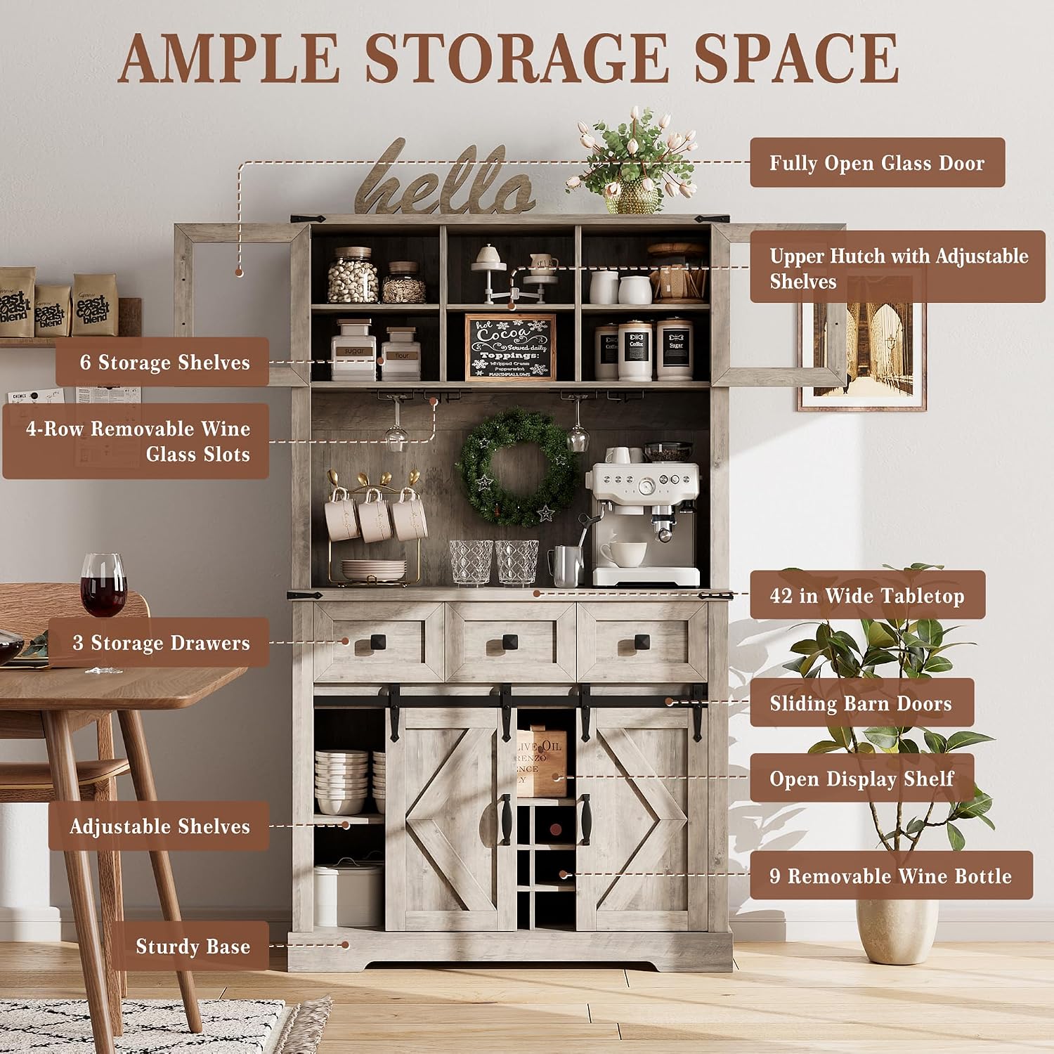 72" Kitchen Pantry Storage Cabinet with Hutch and Sliding Barn Door, Farmhouse Tall Buffet Cabinet with Drawers, Large Coffee Bar with Wine & Glasses Rack, for Home Living Room, Grey