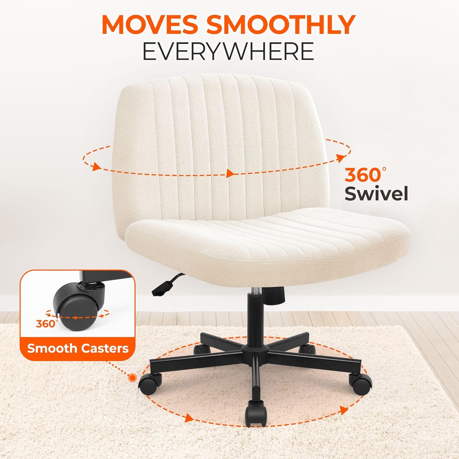 Orange Factory Criss Cross Chair Wheels Wide Cross Legged Office Desk Vanity Chair Comfy Fabric Armless Adjustable Swivel for Home Computer Task (Beige Wheel, Fabric)