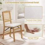 KOTEK Folding Dining Chairs Set of 2, Wooden Kitchen Chairs with Padded Seat & Rattan Backrest, Foldable Armless Side Chairs for Dining Room, Living Room (Natural & Beige)
