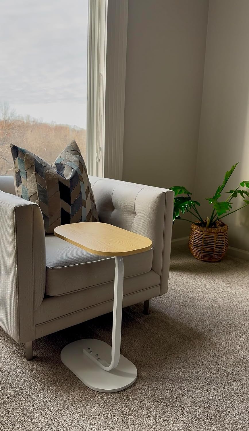 C Shape End Table with Oval Top, Wood Brown Beige Grain and White Metal Base, Sofa Side Table for Coffee and Laptop