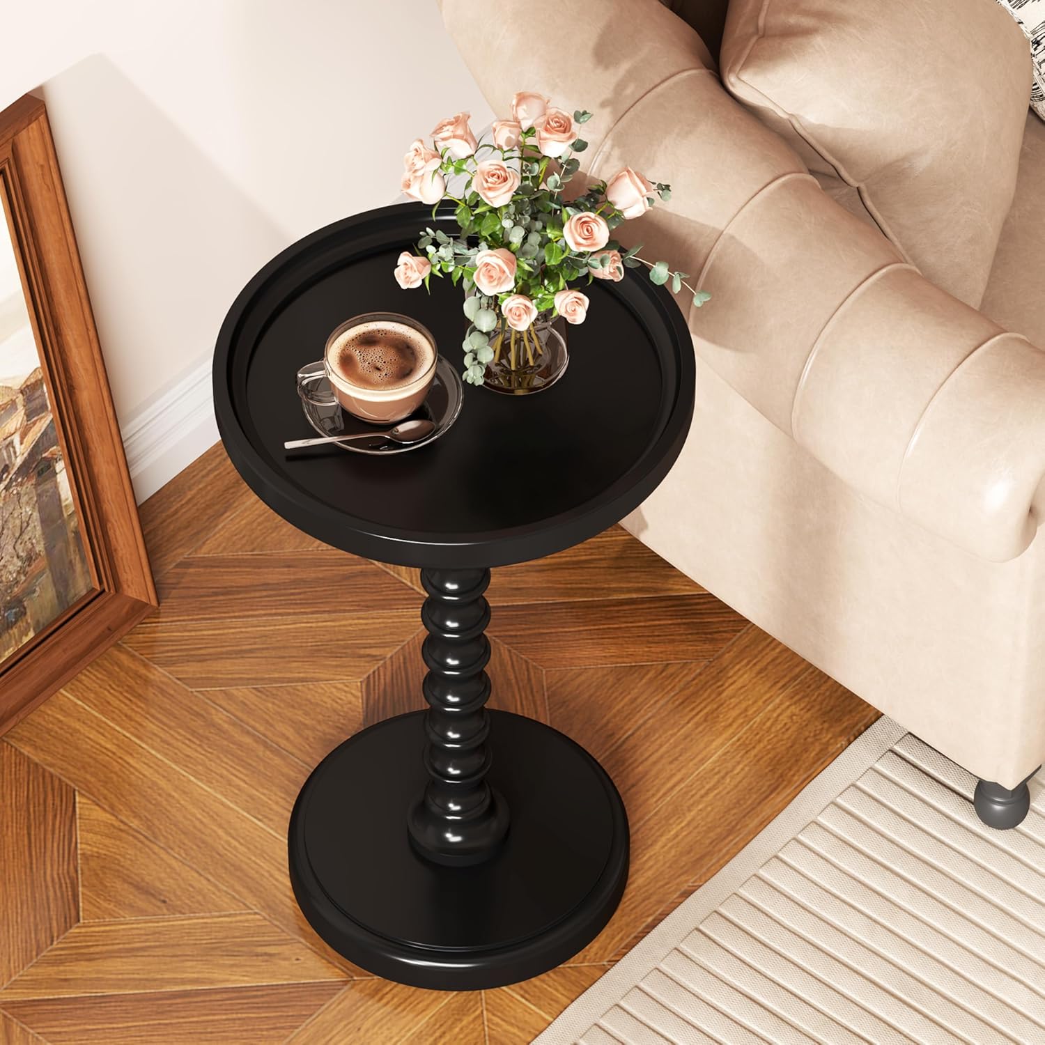 Yusong Round Side Table, Drink Table for Small Spaces, Mid-Century Accent End Table Nightstand Bedside Table for Living Room, Bedroom, Corners, and Office, Black