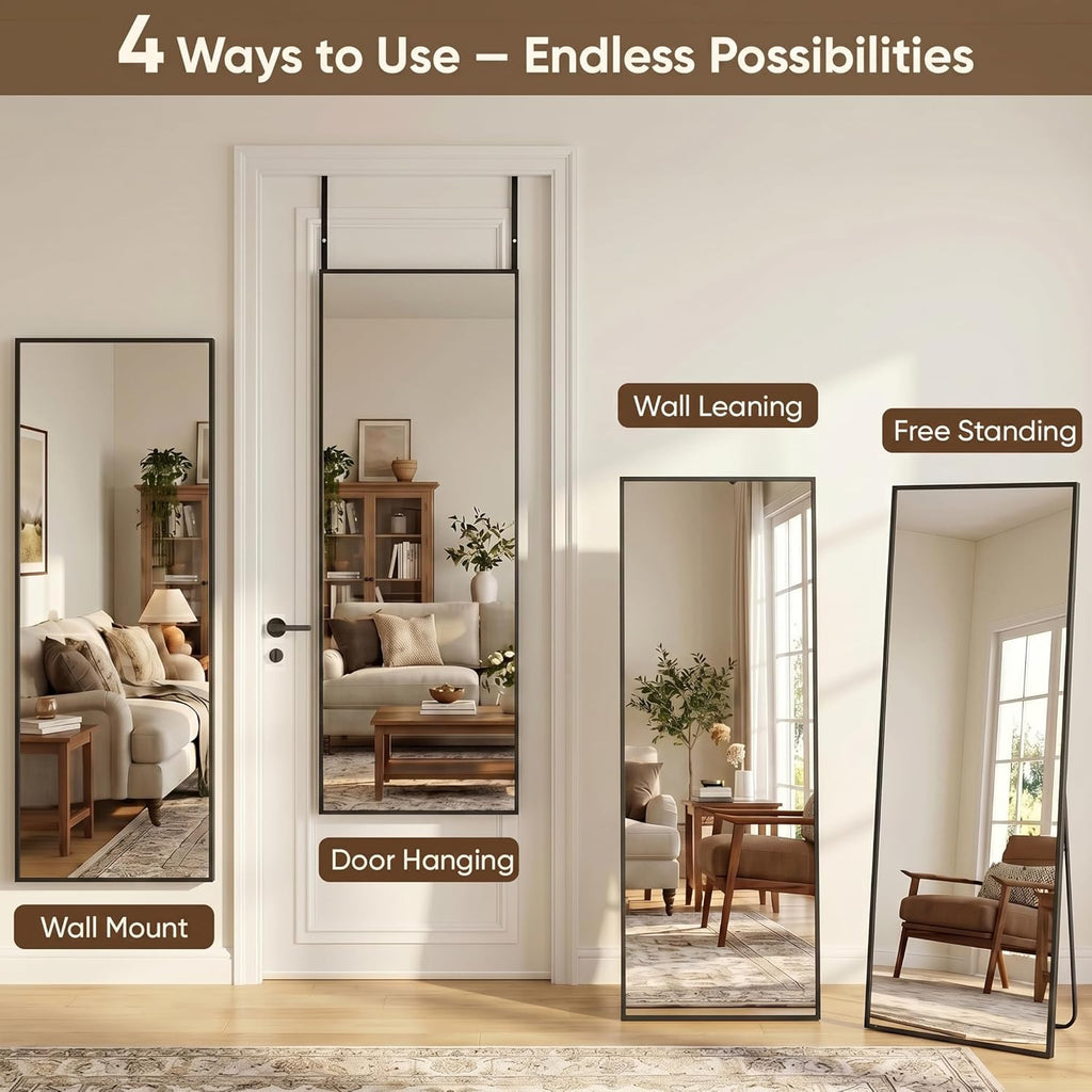 Antok 58"×20" Full Length Door Mirror, Over the Door Mirror with Aluminum Alloy Frame, No Drill Installation, Shatterproof Glass, Wall Mounted Hanging Mirror for Bedroom, Dorm, Bathroom, Black