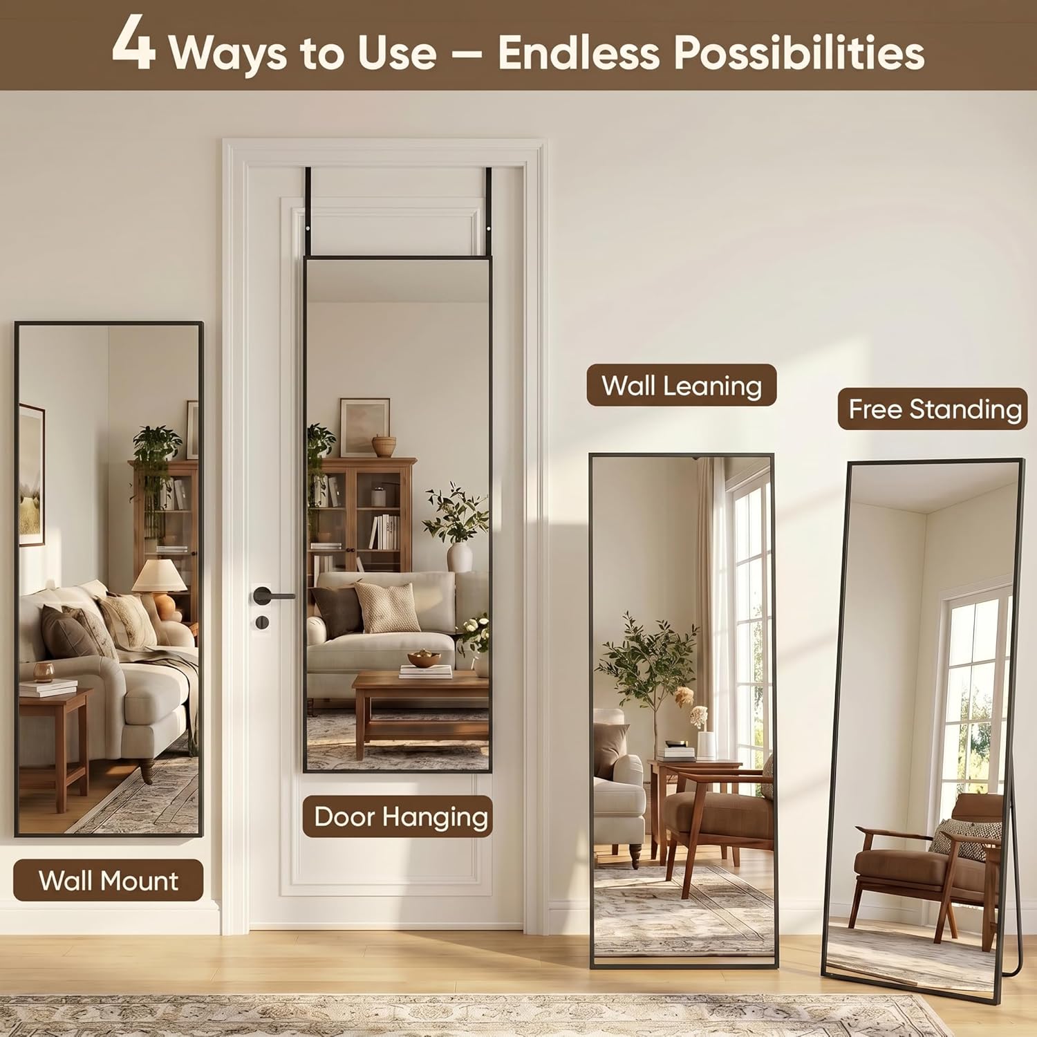 Antok 58"×20" Full Length Door Mirror, Over the Door Mirror with Aluminum Alloy Frame, No Drill Installation, Shatterproof Glass, Wall Mounted Hanging Mirror for Bedroom, Dorm, Bathroom, Black