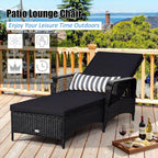Tangkula Wicker Chaise Lounge Outdoor, Patio Rattan Reclining Chaise with 6-Gear Adjustable Backrest, Thick Padded Cushion & Removable Lumbar Pillow, Pool Lounge Chairs (1, Black + Black)