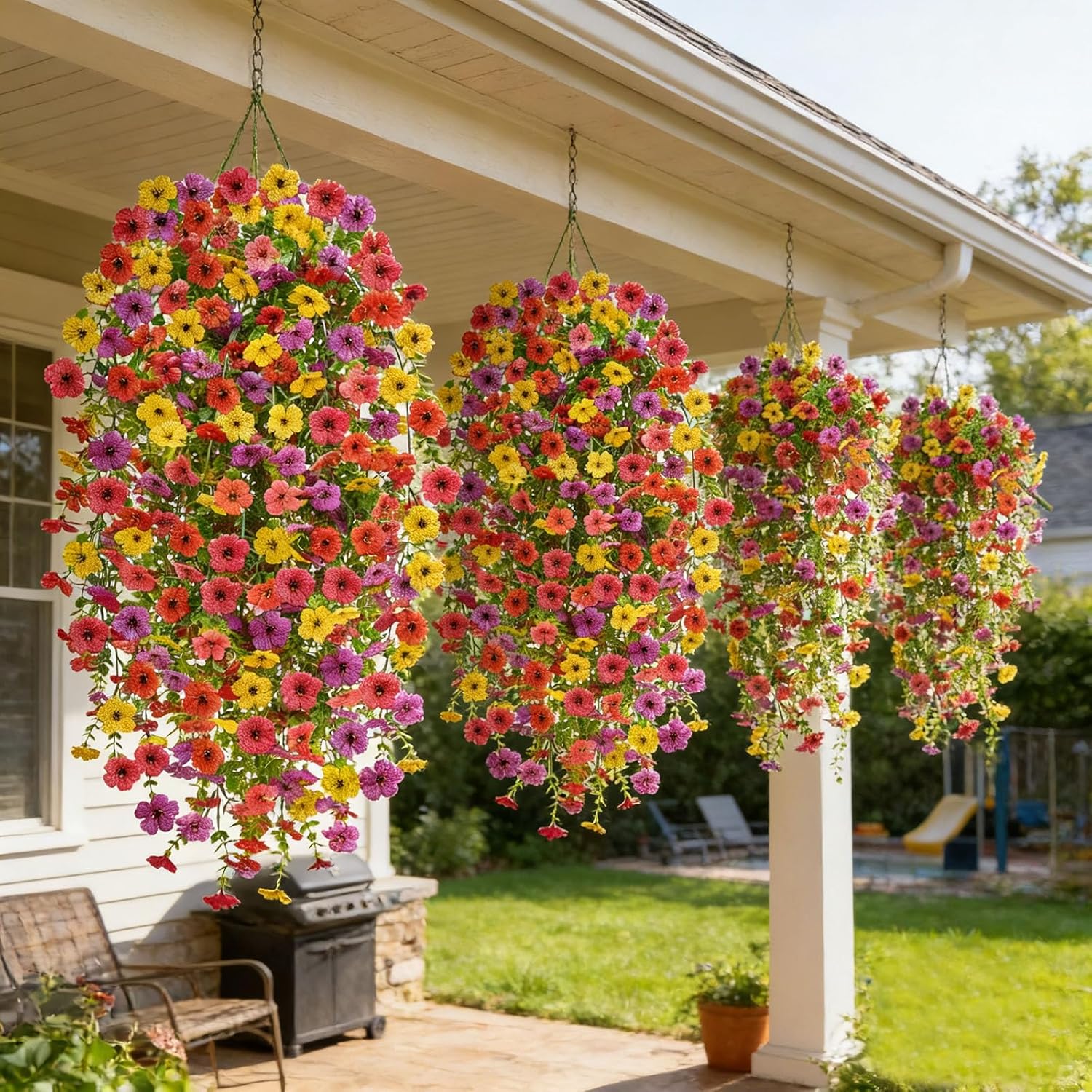 4 Pcs Artificial Flowers for Outdoors Summer Decor, URealistic Fake Flowers UV Resistant Hanging Flowers Silk Faux Plants for Outside, Garden, Yard,Porch, Wall Home Indoor (Mix Color)