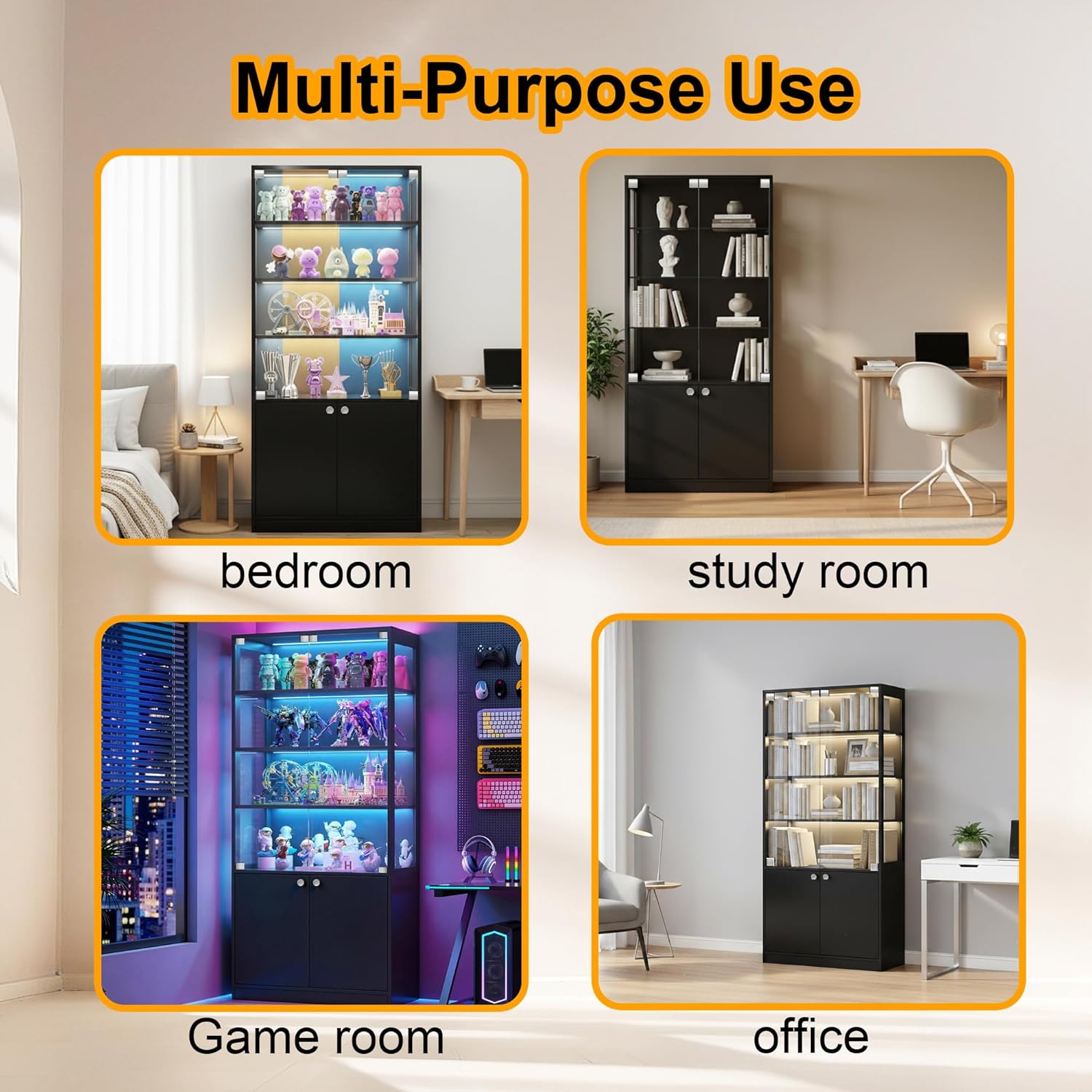 Display Cabinet with Glass Door - 7-Tiers Curio Cabinet Display Case with RGB Lights & Bottom Storage, Adjustable Shelves for Collectibles & Legos, Bookcase Storage Cabinet (Black)