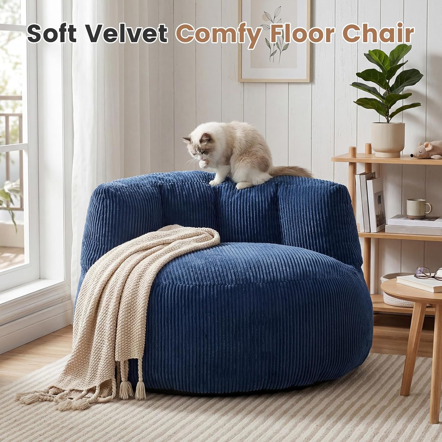 MASVIS Bean Bag Chair,3ft Memory Foam Bean Bag Chair for Adults Kids Teens,Soft Velvet Comfy Floor Chair with Supportive Backrest,Lazy Sofa Lounge Chair for Living Room Bedroom Game Room,Navy