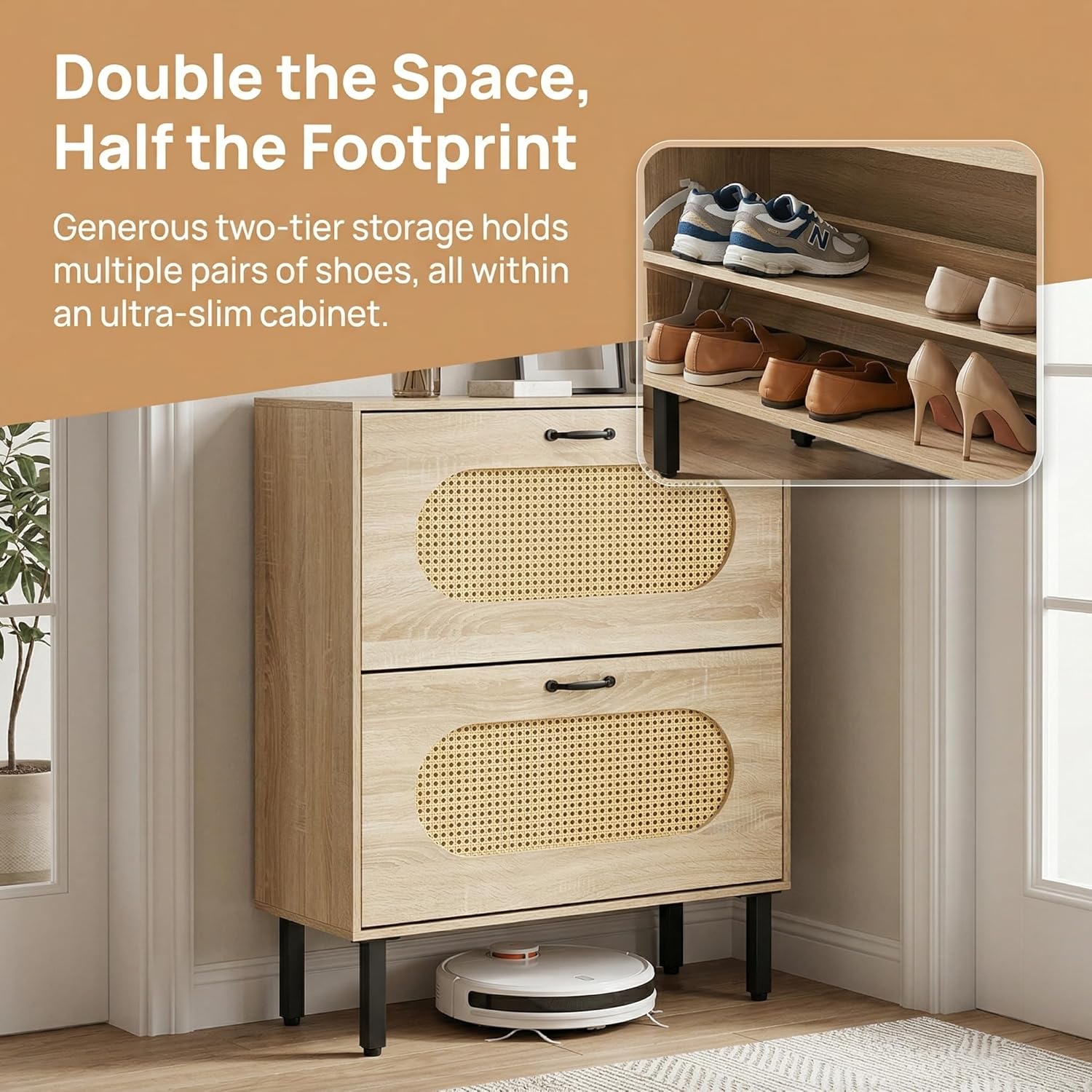 SUNCROWN 2 Flip Drawers Shoe Storage Cabinet, Freestanding Narrow Entryway Organizer, Natural Semi-Circular Rattan Doors, Adjustable Shelves & Anti-Tip Kit, Brown