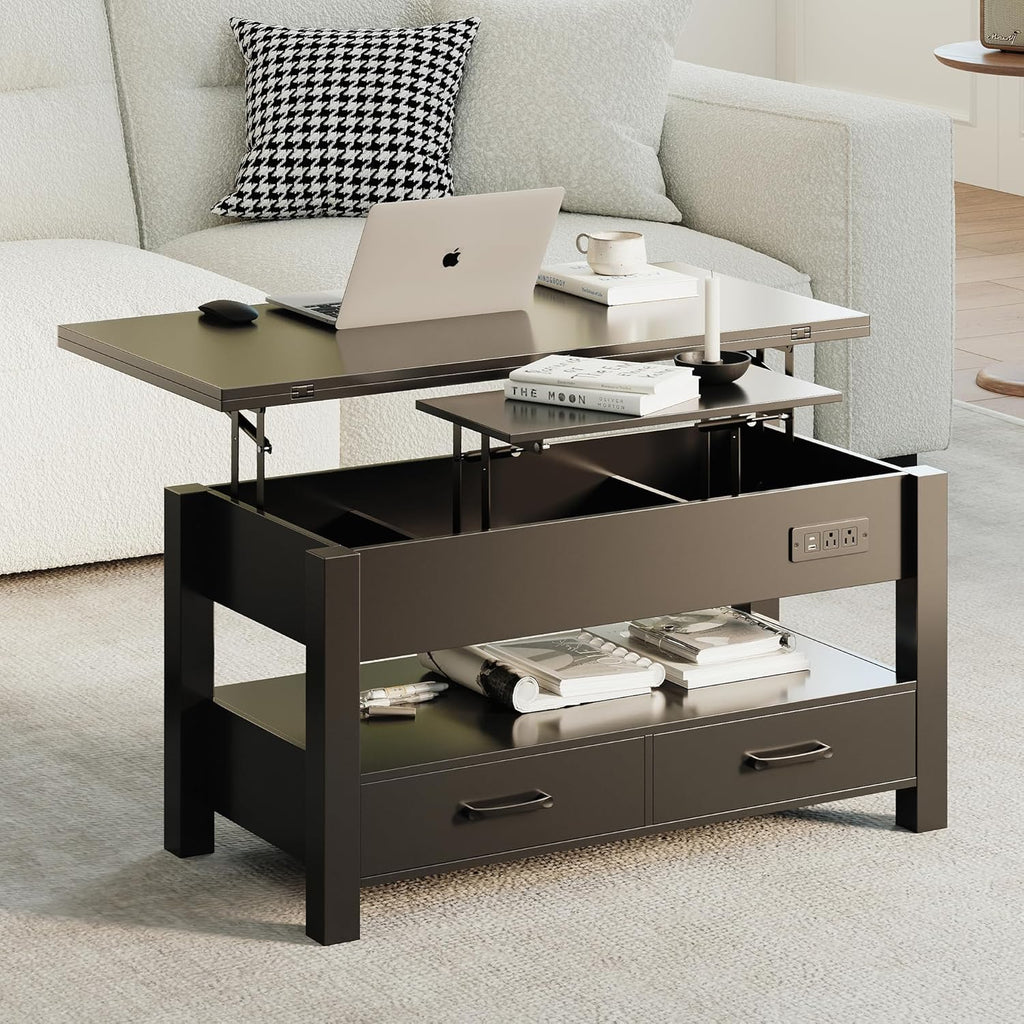 MALOL 40" Smart Lift Top Coffee Table for Living Room, 4 in 1 Multi-Function Modern Coffee Tables with Storage Drawers, LED Light and Charging Station, Farmhouse Wood Coffee Table, Black