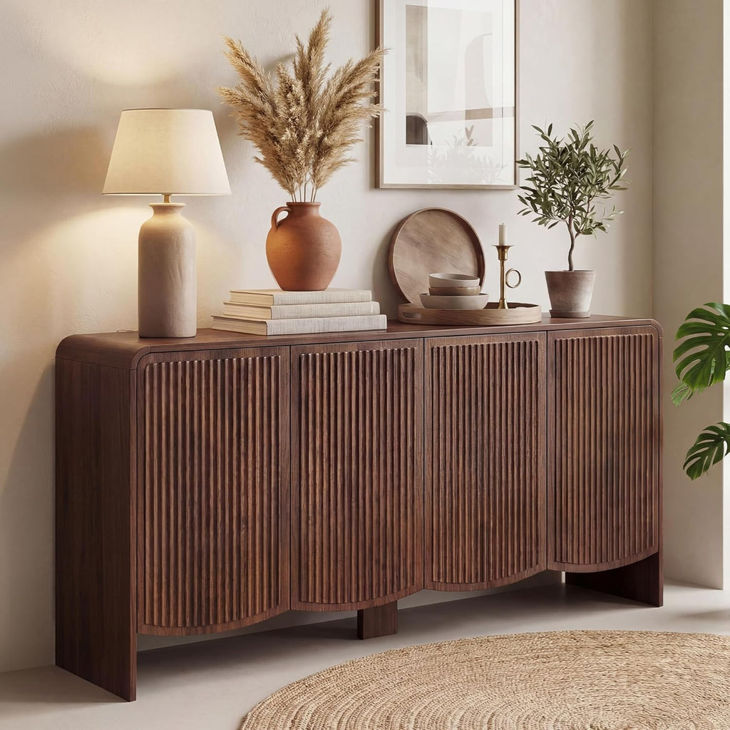 Seang Fluted Sideboard Buffet Cabinet with Storage,58" Modern Sideboard Cabinet with Curved Design & Adjustable Shelves,Wood Console Table for Living Room,Entryway,Kitchen,Walnut