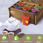 WRINGKIT Tea Bag Organizer Storage Box, Wood, 9 Compartments | Tea Chest Containers with Floral Carved Lid, Tea Holder Box for Assorted Spice Packets, Home Decor, Multi-Functional Storage