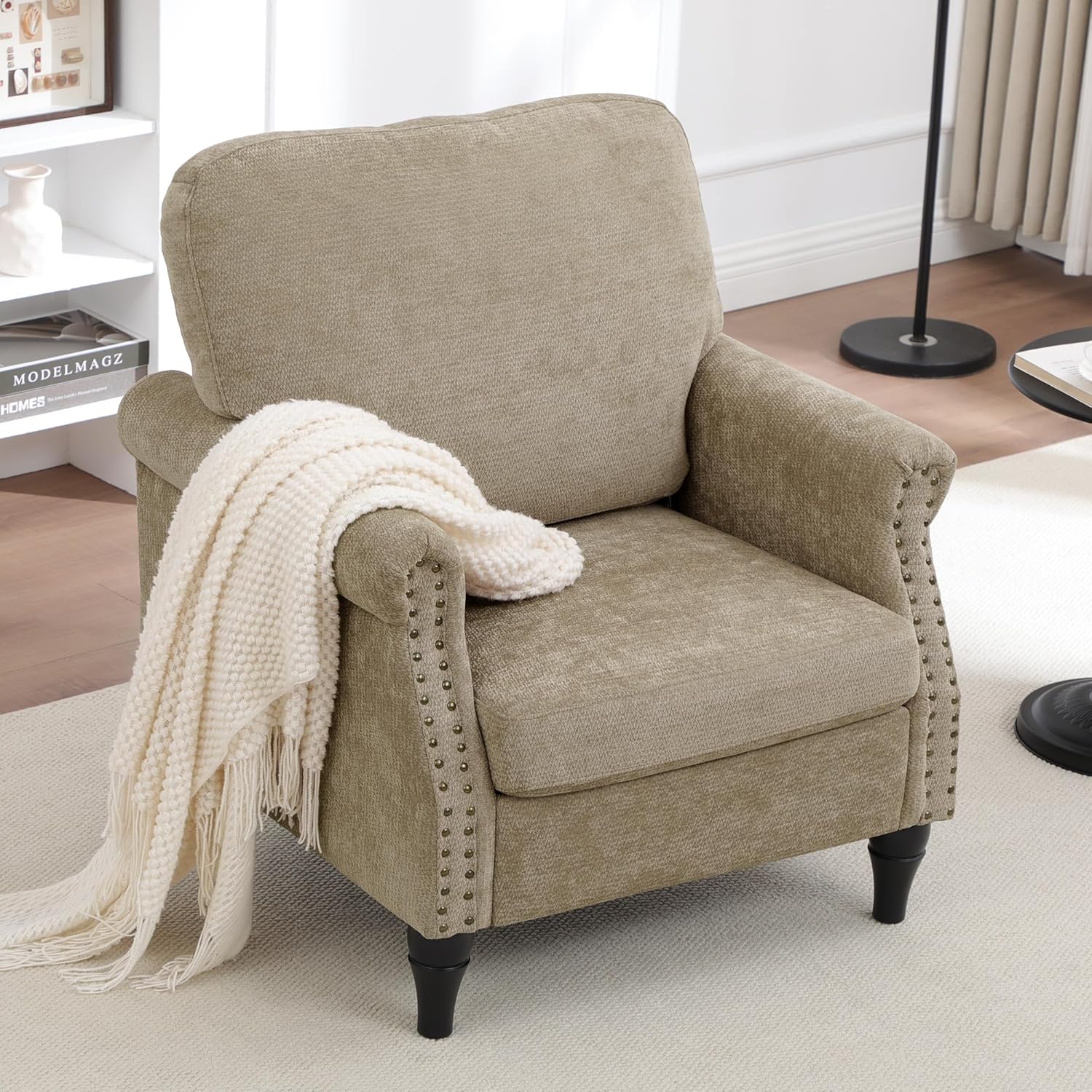 Accent Chair for Living Room, Modern Mid Century Reading Chair Armchair High Back Upholstered Armchair with Wooden Legs for Living Room Bedroom Office (Brown, 1PCS)