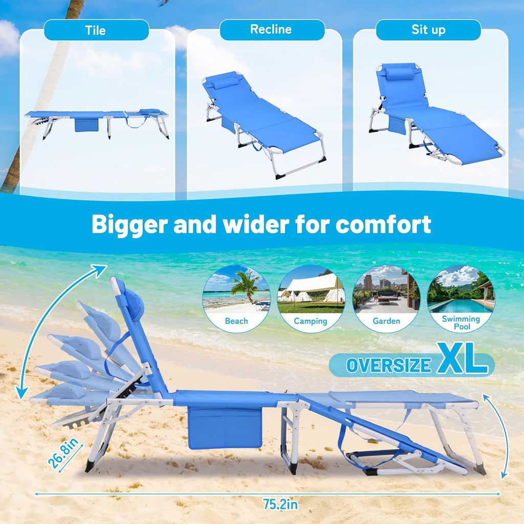 3 in 1 Heavy Duty Tanning Chair with Face Hole, Outside Portable Lay Flat Beach Lounge Chair, 5 Position Folding Chaise Lounge Chairs for Beach, Pool, Lawn, Patio, Blue