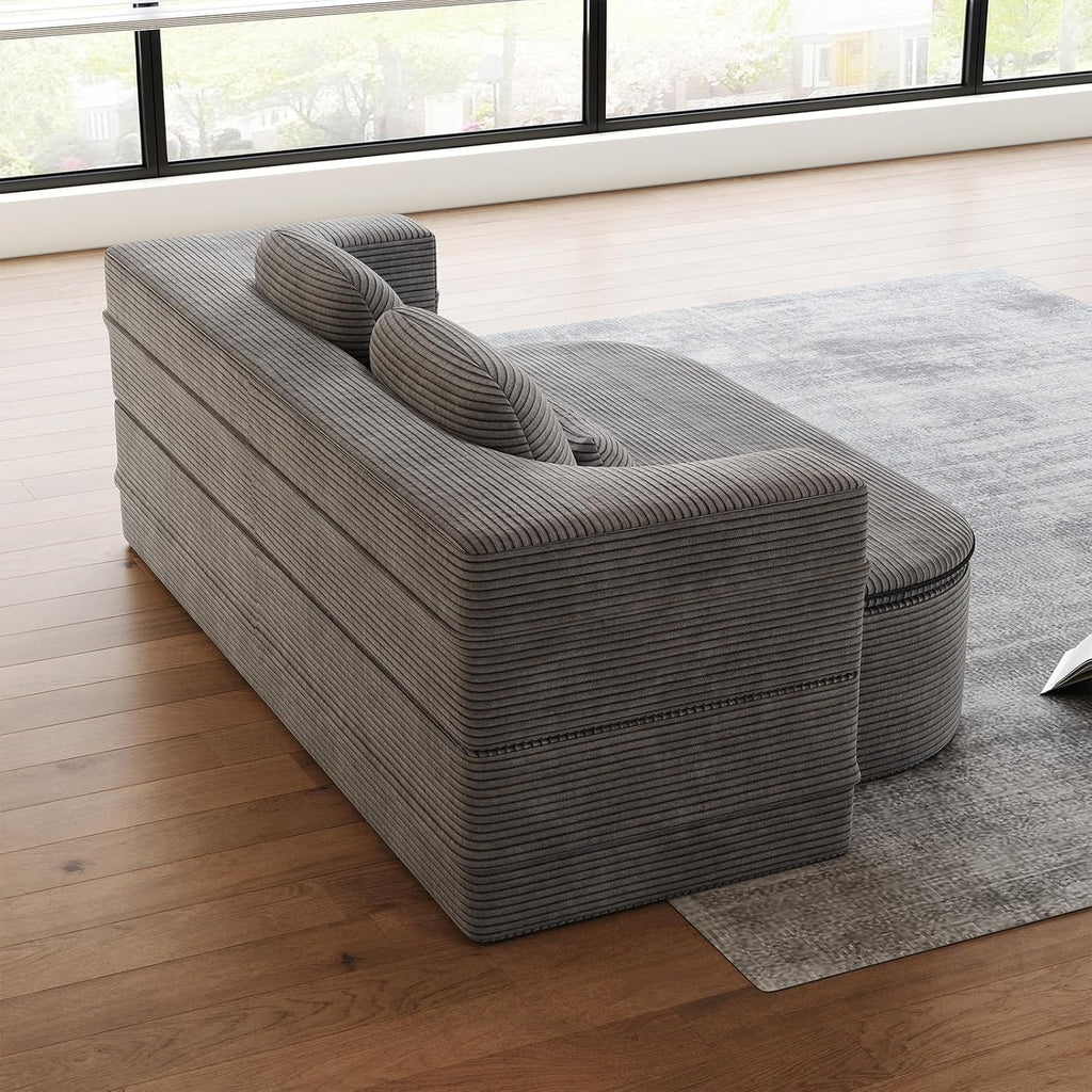 Antetek Convertible Sleeper Sofa, Modern Folding Futon Corduroy Floor Foam Compression Loveseat Sofa Bed Couch, Foldable Full Size Guest Bed with 4 Pillows for Living Room Bedroom Apartment, Grey
