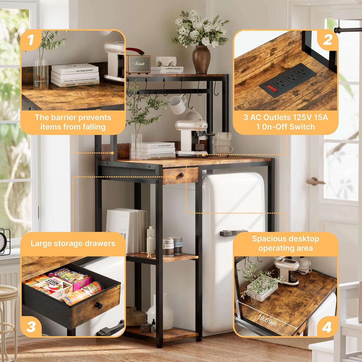 Mini Fridge Stand with Power Outlet & Storage, Rustic Microwave Stand Bakers Rack, Coffee Bar Cabinet for Kitchen, Dorm and Office