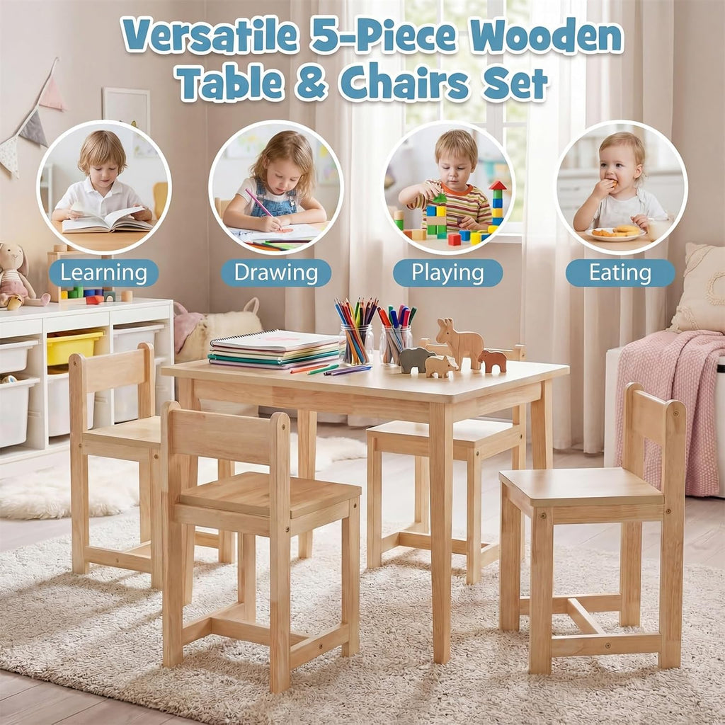 HONEY JOY Kids Table and Chairs, Wooden Activity Table with 4 Chairs Set for Crafts, Homework, Drawing & Snack Time, 5-Piece Playroom and Kindergarten Furniture Set for Children Ages 4+ (Natural)