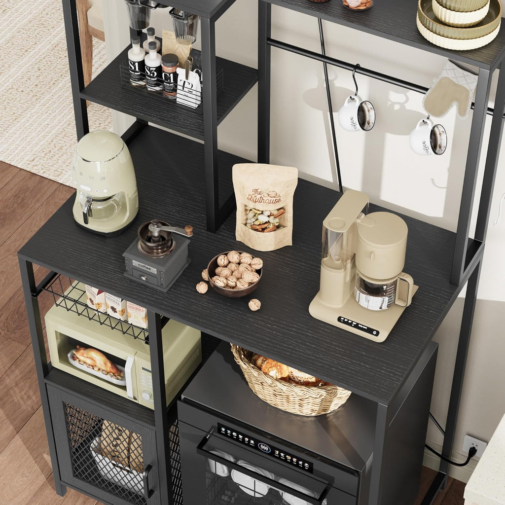 IDEALHOUSE Kitchen Bakers Rack with Refrigerator Storage Space, Industrial Microwave Stand with Power Outlet, Freestanding Kitchen Shelf for Pantry Living Room, 33.9 x 19.7 x 58.1 Inches, Black