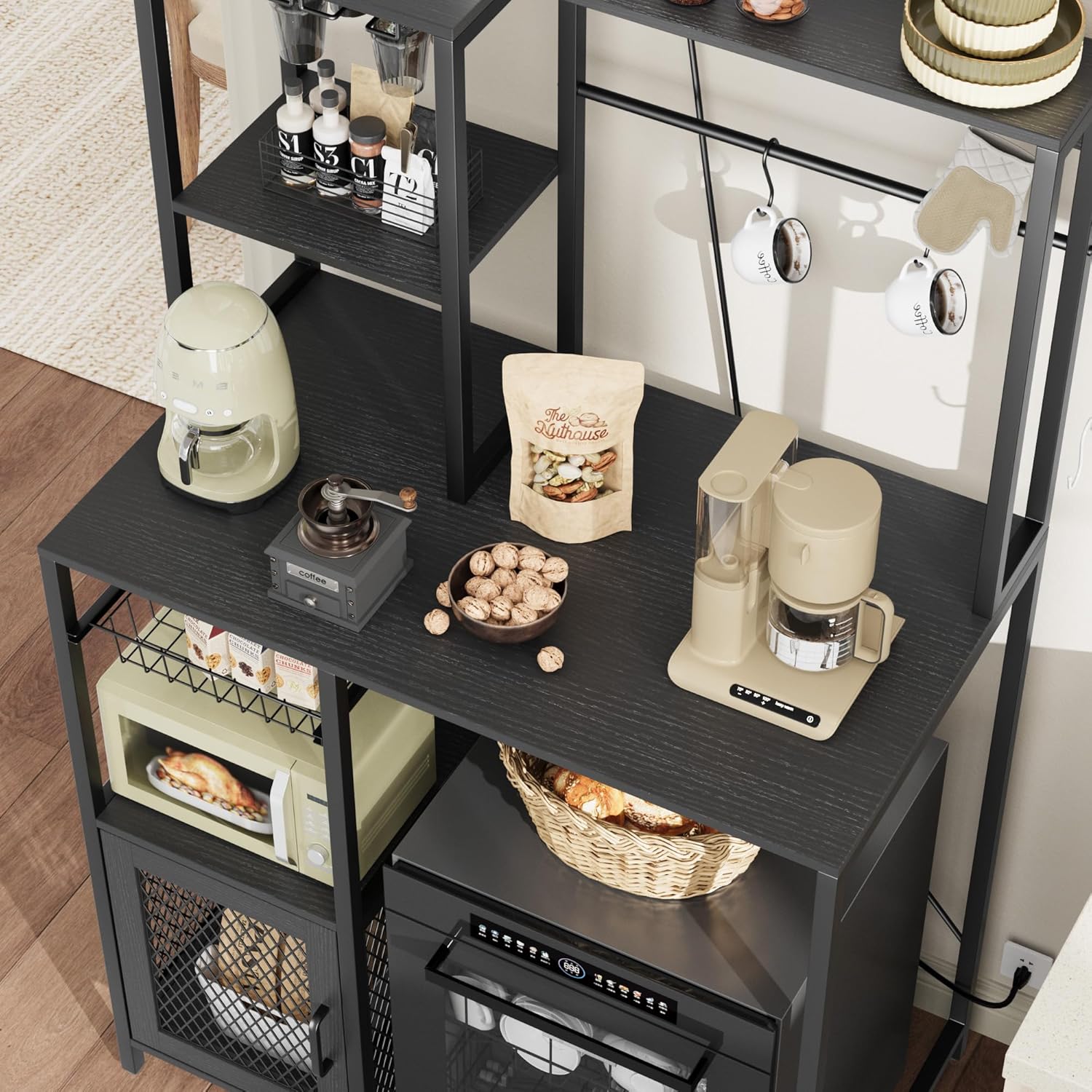 IDEALHOUSE Kitchen Bakers Rack with Refrigerator Storage Space, Industrial Microwave Stand with Power Outlet, Freestanding Kitchen Shelf for Pantry Living Room, 33.9 x 19.7 x 58.1 Inches, Black