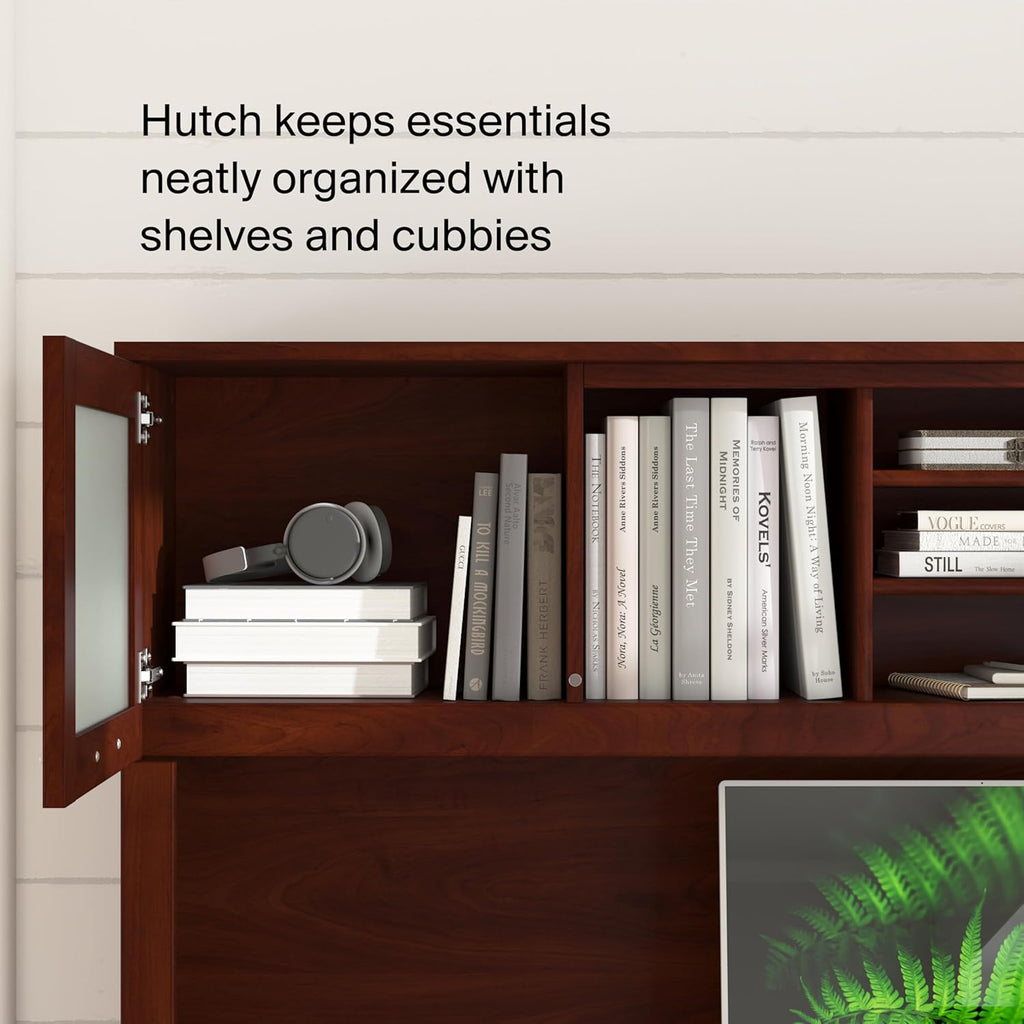 Bush Home 72-Inch Desk Hutch, Office Storage Organizer with Shelves, Cubbies and Frosted Glass Doors for Computer Desk, Home Office Furniture, Somerset Collection, Hansen Cherry