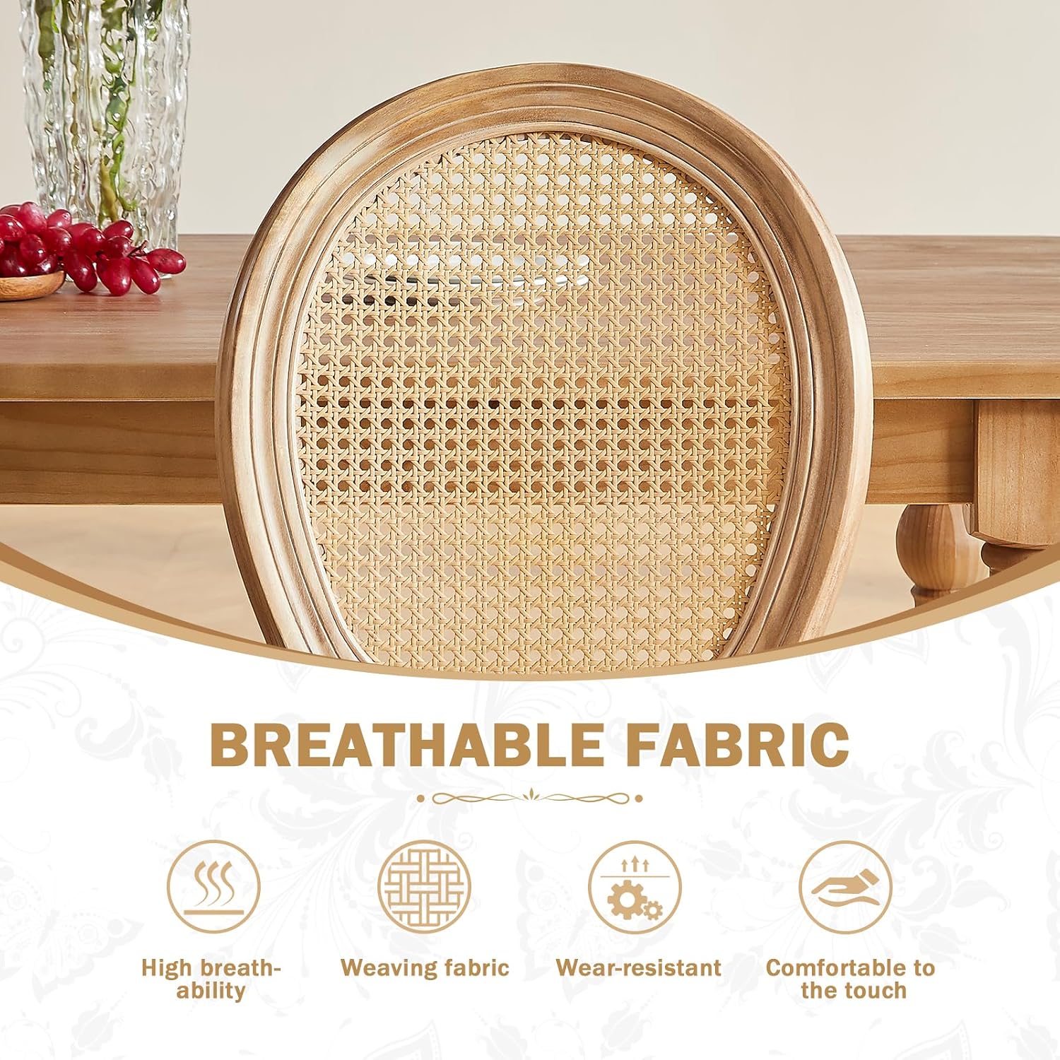 Nrizc Farmhouse Fabric Dining Room Chairs Set of 6, French Chairs with Round Back, Woven Rattan Dining Chair, Oval Side Chair for Dining Room/Kitchen/Restaurant