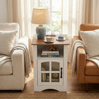 YESHOMY Farmhouse End Table with Charging Station, Night Stand with LED Light,Open Storage Shelf and Glass Door, Sofa Side Table for Living Room/Bedroom(White)