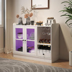HedoAjim Wine Bar Cabinet with Tempered Acrylic Door & Rack, Freestanding Buffet Sideboard with Glass Holder, Coffee Bar Cabinet for Home Kitchen Living Dining Room, Drawers, Large, LED Lights(White)