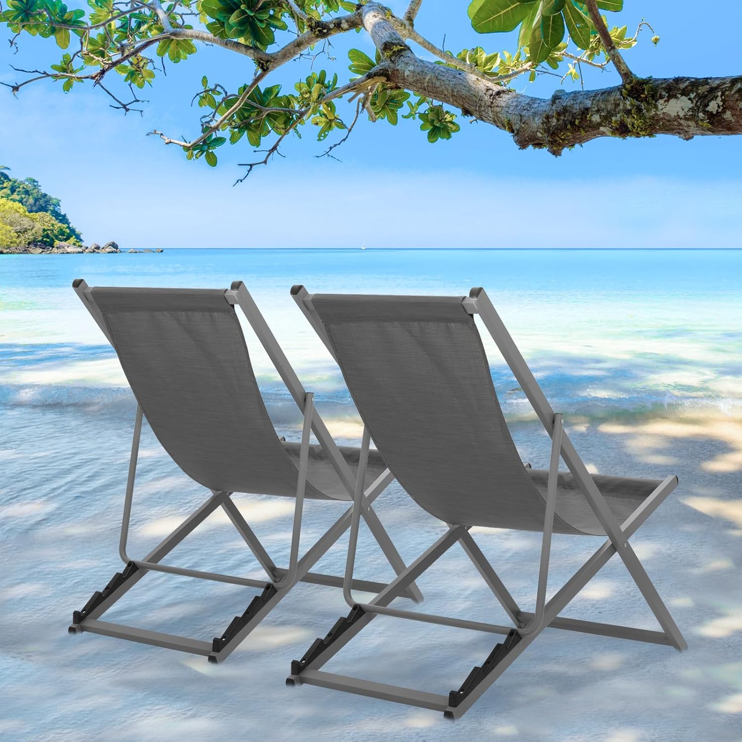 Magshion Folding Beach Sling Chairs Set of 2, 4 Level Adjustable Reclining Design, Lightweight Aluminum Frame, Portable Outdoor Chair for Backyard, Poolside and Camping, Support to 250 lbs, Gray