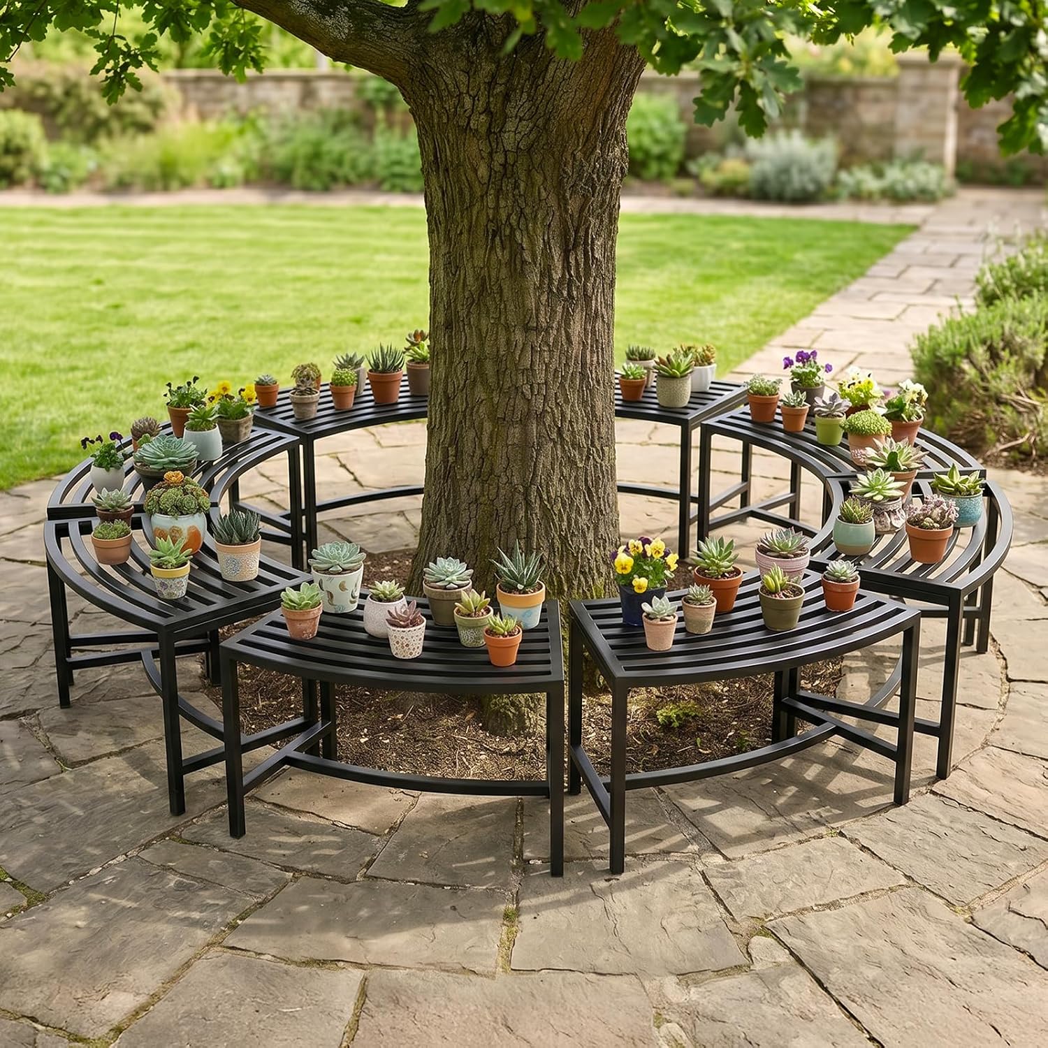 VINGLI Outdoor Metal Curved Bench, Weatherproof Fire Pit Bench Set of 8, Heavy Duty Steel Backless Benches, Metal Outside Seating for Garden, Patio, Plant Stand and Holder