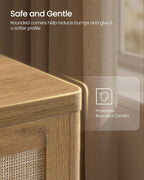 VASAGLE ELLAN Collection - Boho Storage Bench with Rattan Look, Storage Chest with Rounded Corners, Blanket Chest and Trunk with Seat for Bedroom Entryway, Natural Brown ULSB503KC01