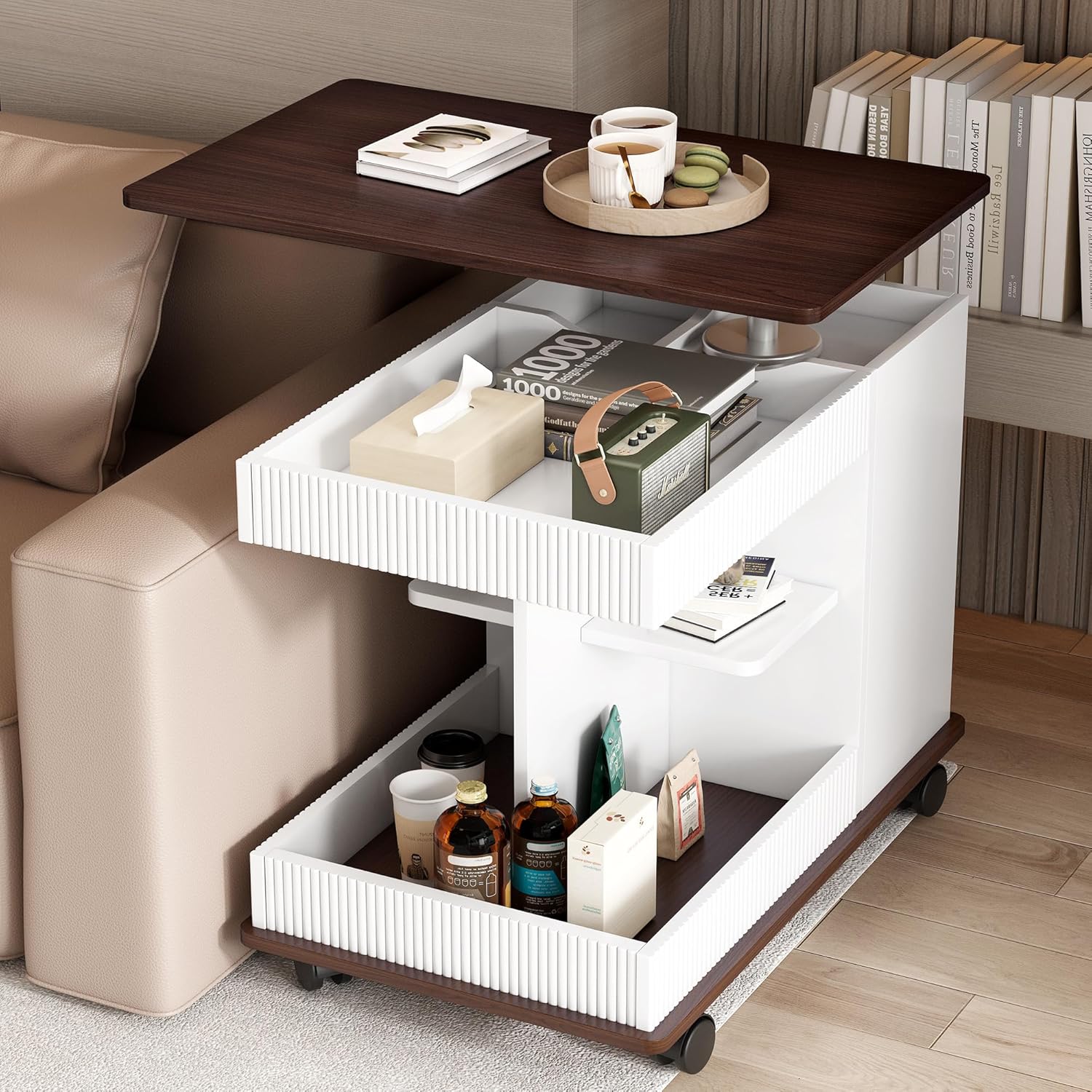 Adjustable Lift Top End Table with Wheels, Modern Multifunctional Sofa Side Table with 360 Degrees Rotating Top, Storage Space for Living Room, Small Space, Brown