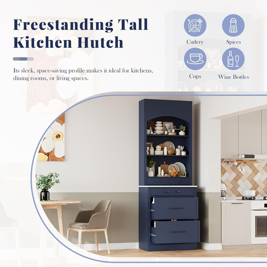 Polibi 83.7''H Kitchen Pantry, Freestanding Tall Kitchen Hutch with 5 Storage Drawers and Adjustable Shelf, Cupboard Storage Cabinet with Faux Marble Top for Dining, Kitchen (Blue)