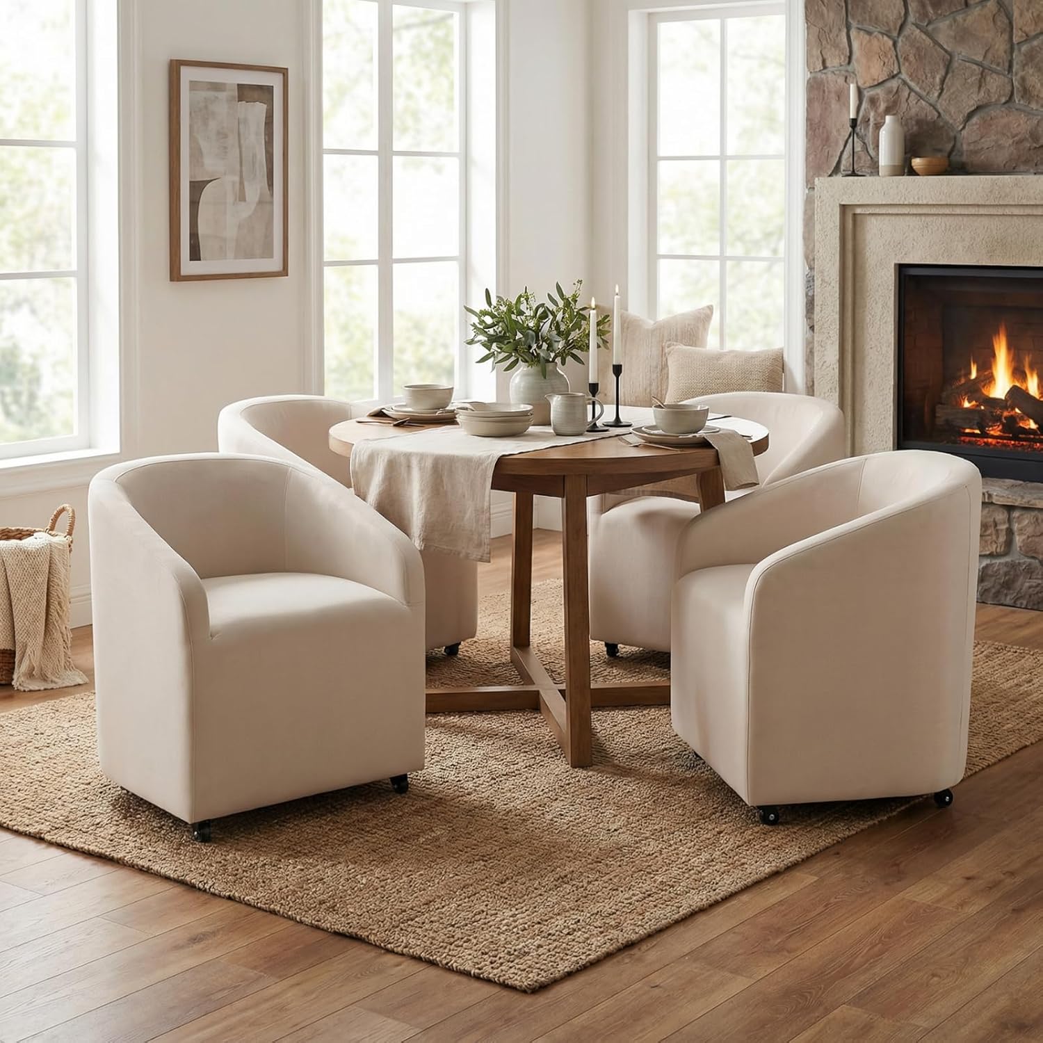 CIMOTA Linen Beige Barrel Dining Chairs with Wheels, Set of 2 — Modern Upholstered Swivel Dining Room Chairs on Casters for Kitchen or Living Room