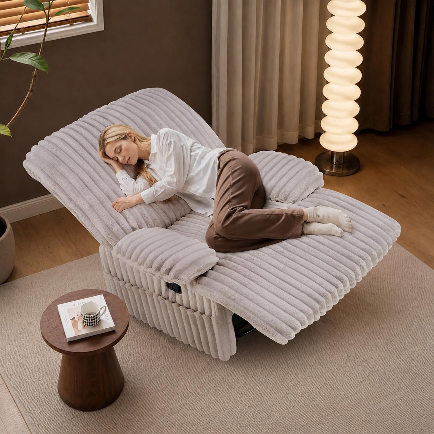 Swivel Rocking Recliner Chair, Comfy Corduroy Nursing Chair | Adjust Armrest, Big and Tall