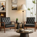STHOUYN Black Leather Accent Chairs Set of 2, Waiting Room Chairs with Wood Arms, Office Guest Arm Chair, Mid Century Modern Living Room Chair (2, Black)