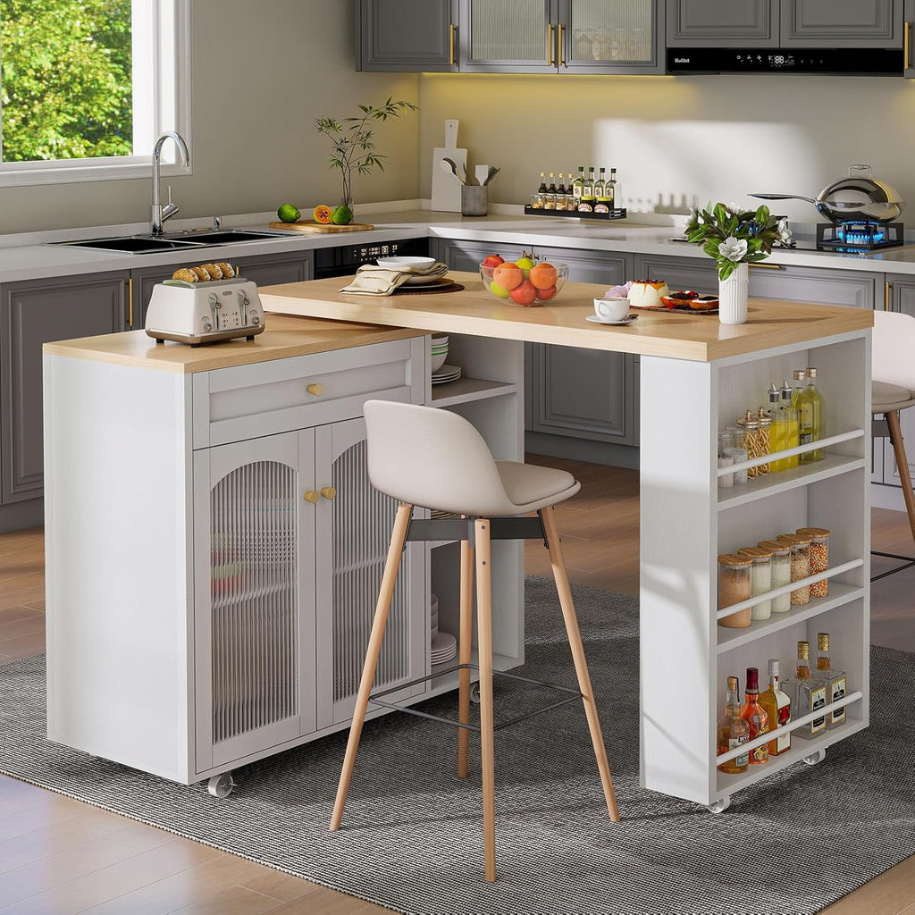 LYNCOHOME 71.1" Rolling Kitchen Island with 360° Rotating Tabletop, Mobile Lockable Wheels & Adjustable Shelves, Multifunctional Storage Cart for Kitchen & Dining（White）