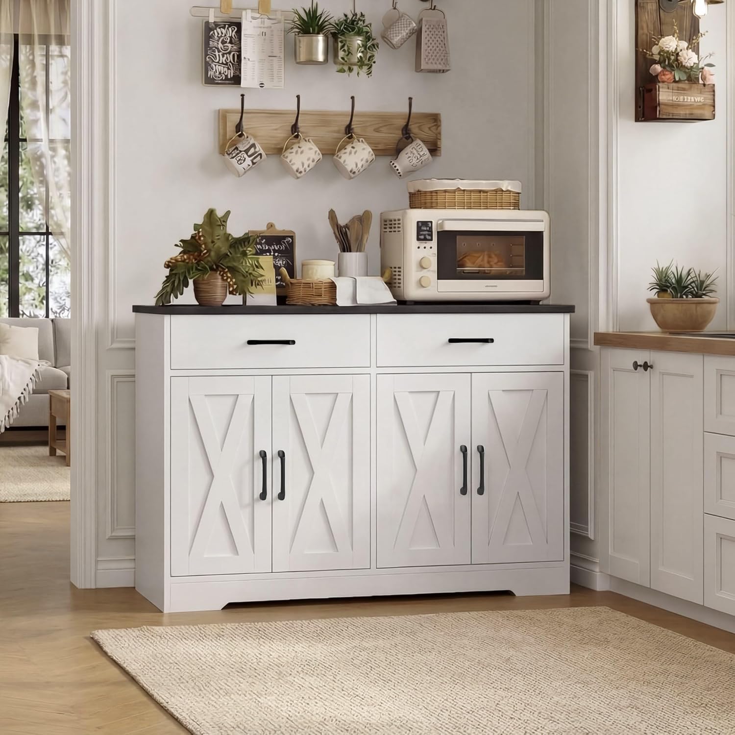 HOSTACK Buffet Cabinet with Storage, 47.2" Kitchen Sideboard Buffet with Drawers, Modern Farmhouse Coffee Bar Station with Shelves, Barn Doors Storage Cabinet for Living Room, White/Black