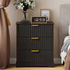 Fluted Nightstand Set of 2, 3 Drawers Modern | Metal Handles, Large Bedside Table, Bedroom, Charging Stations With USB-C Port, Black