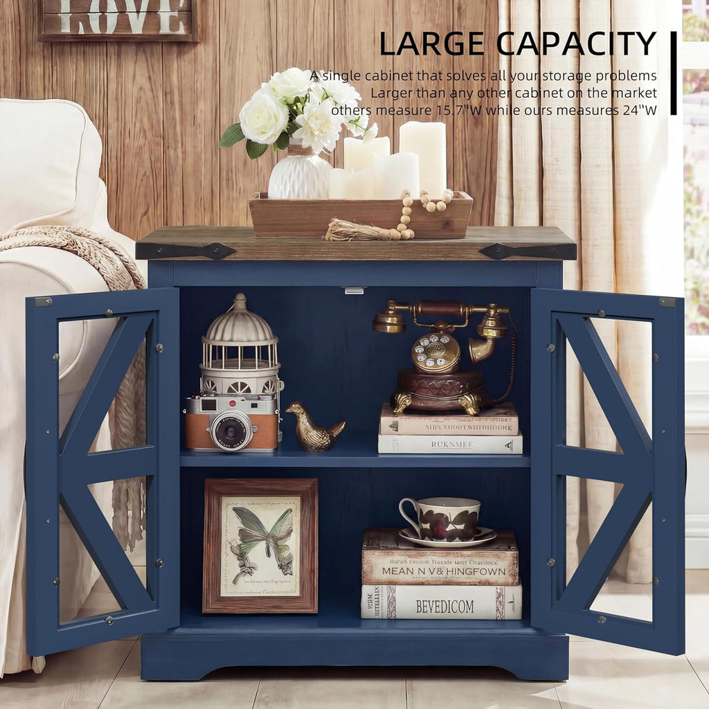 Farmhouse End Table, 24" Large End Tables with Storage, Rustic Square Sofa Beside Table with Glass Barn Door, Wood Side Table Square Nightstand for Living Room, Bedroom, Office (Misty Blue)