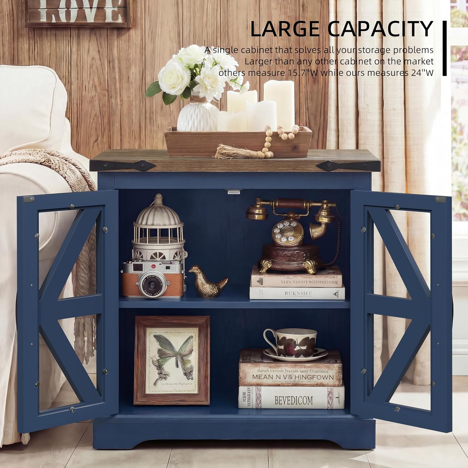 Farmhouse End Table, 24" Large End Tables with Storage, Rustic Square Sofa Beside Table with Glass Barn Door, Wood Side Table Square Nightstand for Living Room, Bedroom, Office (Misty Blue)