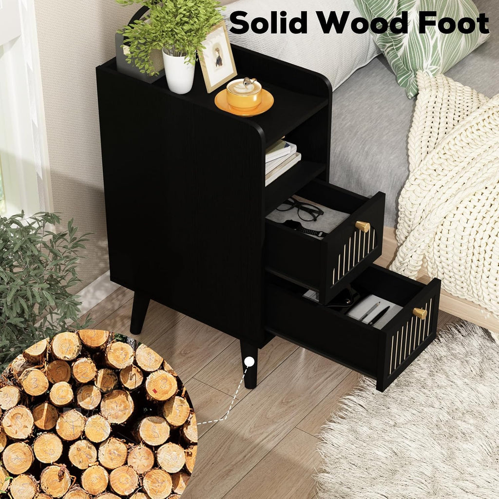 Wnutress 9.3" Narrow Nightstand with 2 Drawer, Fluted Wood End Table with Open Shelf, Boho Skinny Bedside Table for Bedroom, Living Room, Set of 2, Black